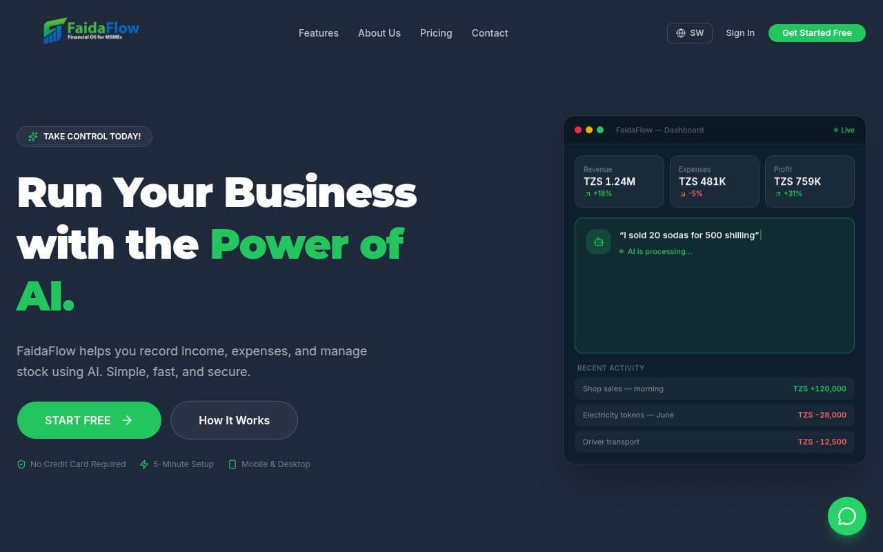 The FaidaFlow site as it looks in production